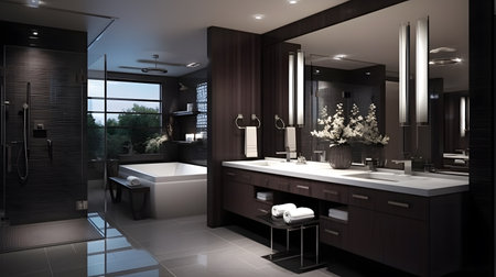 3d render of modern bathroom with black and wooden walls and floorの素材