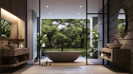 Bathroom interior design 3d rendering image. Modern style bathroom.の素材