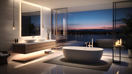 Bathroom interior with panoramic window view of the city. 3D renderingの素材