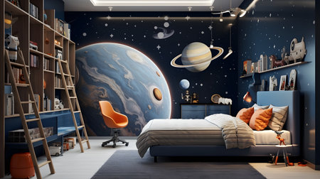 Interior of children's room with a double bed, bookshelves and planets. 3d renderingの素材