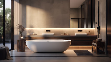 Interior of modern bathroom with beige walls, concrete floor, comfortable bathtub standing near the window. 3d renderingの素材