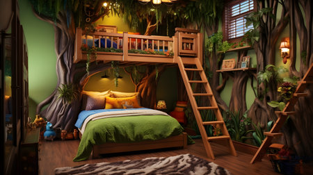 3D Illustration of a children's room with a wooden bedの素材