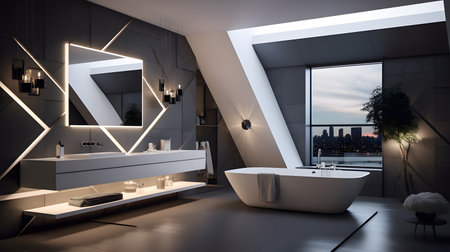 3d rendering of a modern bathroom with a panoramic windowの素材