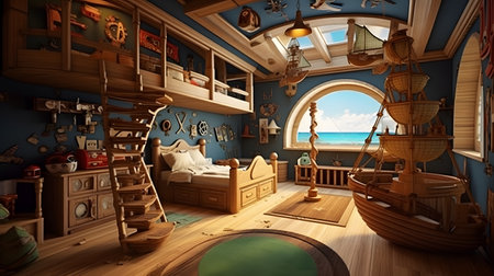 3D rendering of a fairy tale room with a sea view.の素材