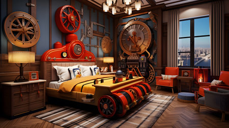 Interior of a room with a bed, lamp and toys.の素材