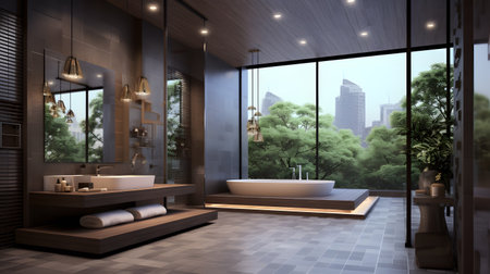Bathroom interior design with panoramic view of the city. 3D renderingの素材