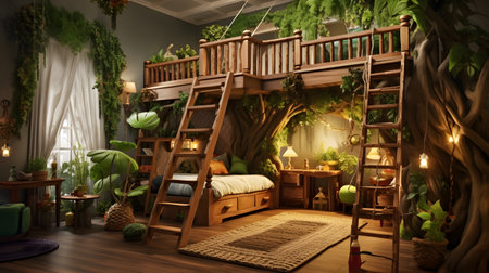 3d render of a small room with a wooden bunk bed and green plantsの素材