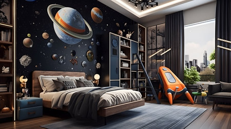 Children's room with a wooden floor, a large window, a black sofa, a bookcase, an orange bedside table, an orange teddy bear and an orange rocket. 3d renderingの素材