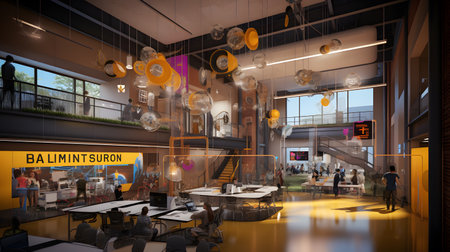 Interior of a modern restaurant. 3D rendering. Blurred backgroundの素材