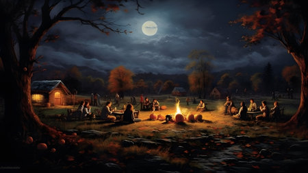 Illustration of a bonfire in the forest at night with a group of people sitting near itの素材