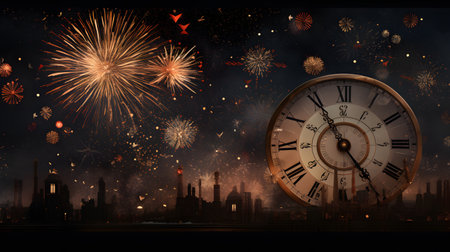 Clock face and New Year's Eve fireworks on the background of the night cityの素材