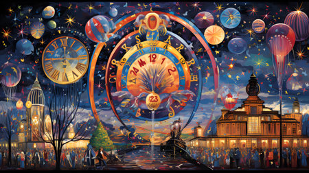 Astronomical clock on the background of the night city. illustrationの素材