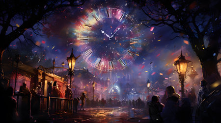 Fantasy night scene with big clock in the old town. 3D renderingの素材