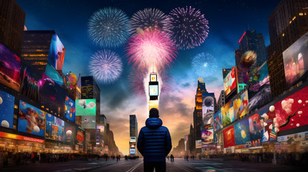 A man looks at the fireworks in Times Square.の素材