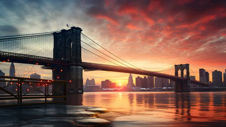 Brooklyn Bridge and Manhattan skyline at sunset, New York City, USAの素材