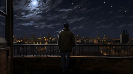 Man standing on balcony and looking at night city. 3D renderingの素材