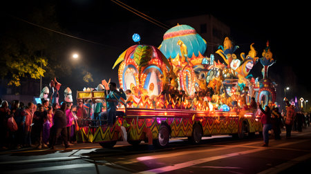 Unidentified people walk in the parade of the Lantern Festival in Nakhon Ratchasima, Thailandの素材