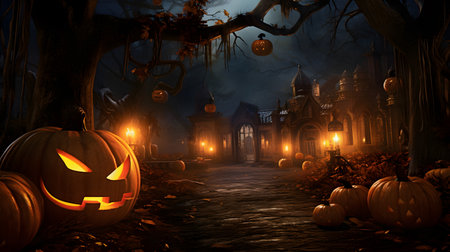 Halloween background with pumpkins and haunted house. 3D renderingの素材