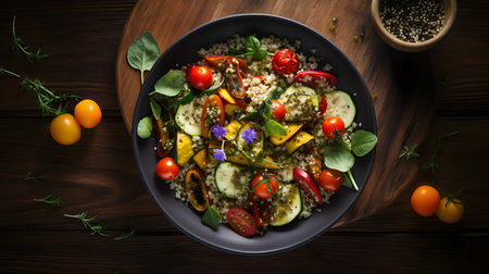 Vegetable salad with quinoa, zucchini, tomatoes and basil on wooden backgroundの素材