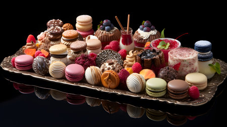 Assortment of chocolates and macaroons on black backgroundの素材