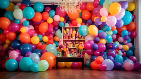 Colorful balloons in the children's room. Happy birthday background.の素材