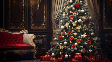 Luxury living room with a Christmas tree and a sofa.の素材