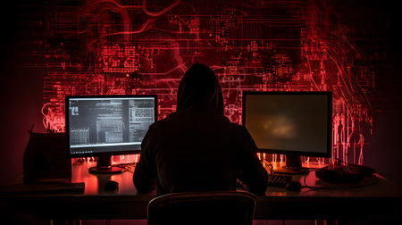 Hacker in front of computer screen with binary code on the backgroundの素材