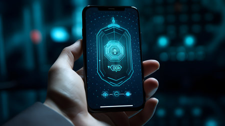 Businessman holding smart phone with security concept on screen 3D renderingの素材