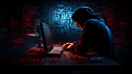 Hooded hacker stealing data from a laptop with binary code backgroundの素材