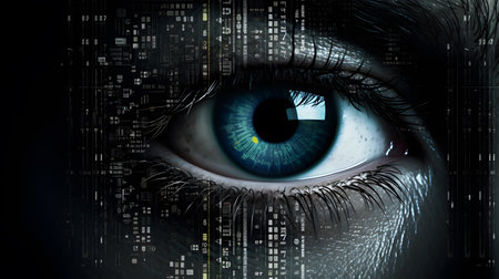 Close-up of human eye with binary code in the background.の素材