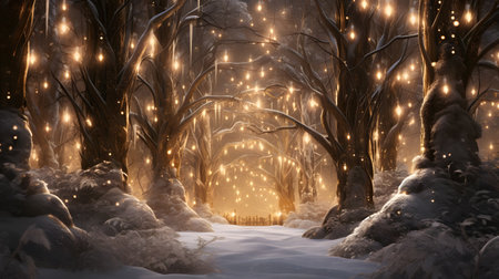 Winter forest with snow covered trees and fairy lights. 3d illustrationの素材