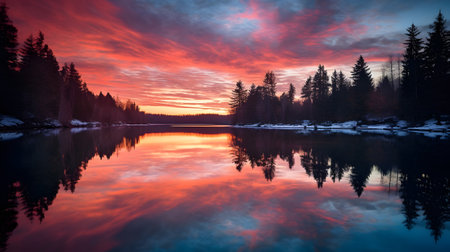 Beautiful winter sunrise over the lake. Colorful winter landscape.の素材