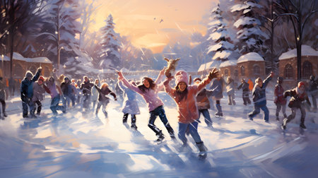 Group of young people skating on ice rink in winter park at sunsetの素材