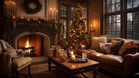 Beautiful Christmas living room with fireplace, christmas tree and presentsの素材