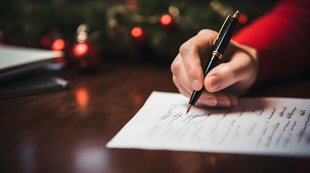 Close-up of woman writing letter to Santa Claus on wooden tableの素材