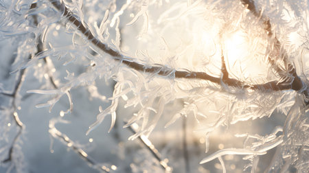 Frosted tree branches on a sunny winter day close-upの素材