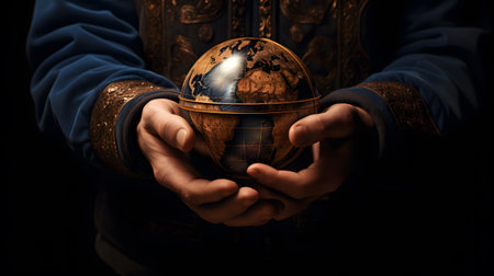 Globe in the hands of a man on a dark background.の素材