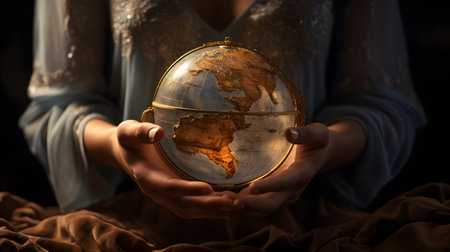 Globe in the hands of a girl on a dark background.の素材
