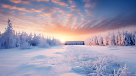 Winter landscape with snowy trees and sunset sky. Panoramic view.の素材