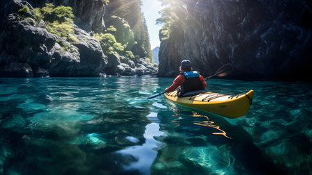 Kayaking in the turquoise waters of the Andaman Sea in Thailandの素材