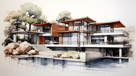 3d rendering of modern cozy house with garage and pool for sale or rent. Black line sketch with white spot and watercolor.の素材
