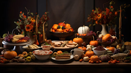 Autumn table setting with pumpkins, berries, fruits and vegetablesの素材
