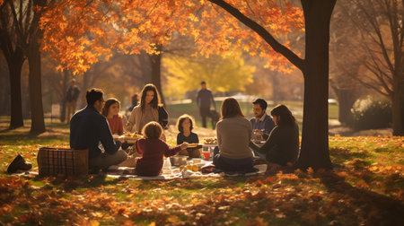 Group of friends enjoying a picnic in the park on an autumn dayの素材