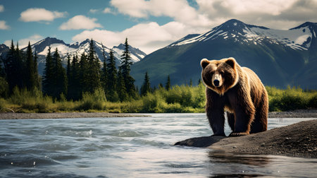 Grizzly bear standing on the bank of a mountain riverの素材