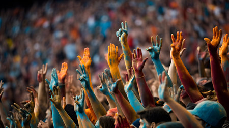 Crowd of people with raised hands at a music festival. Colorful crowdの素材