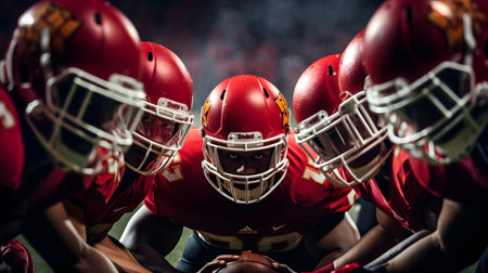 American football players with helmets against close up of american football fieldの素材