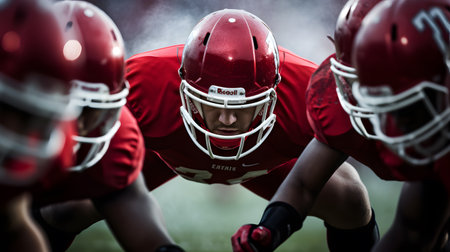 Close-up of american football players during game against rugby pitchの素材