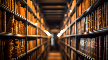 Row of books in a library, shallow depth of field, blurred backgroundの素材
