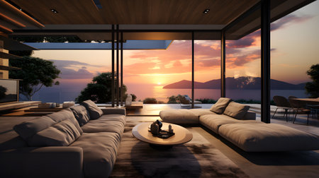 Luxury living room overlooking the sea at sunset. 3d renderingの素材
