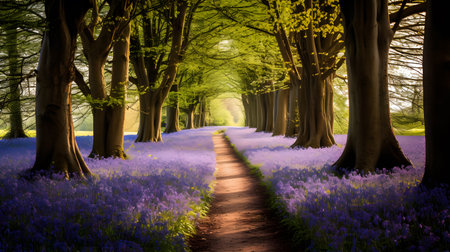 Beautiful landscape image of bluebells blooming in an English woodlandの素材